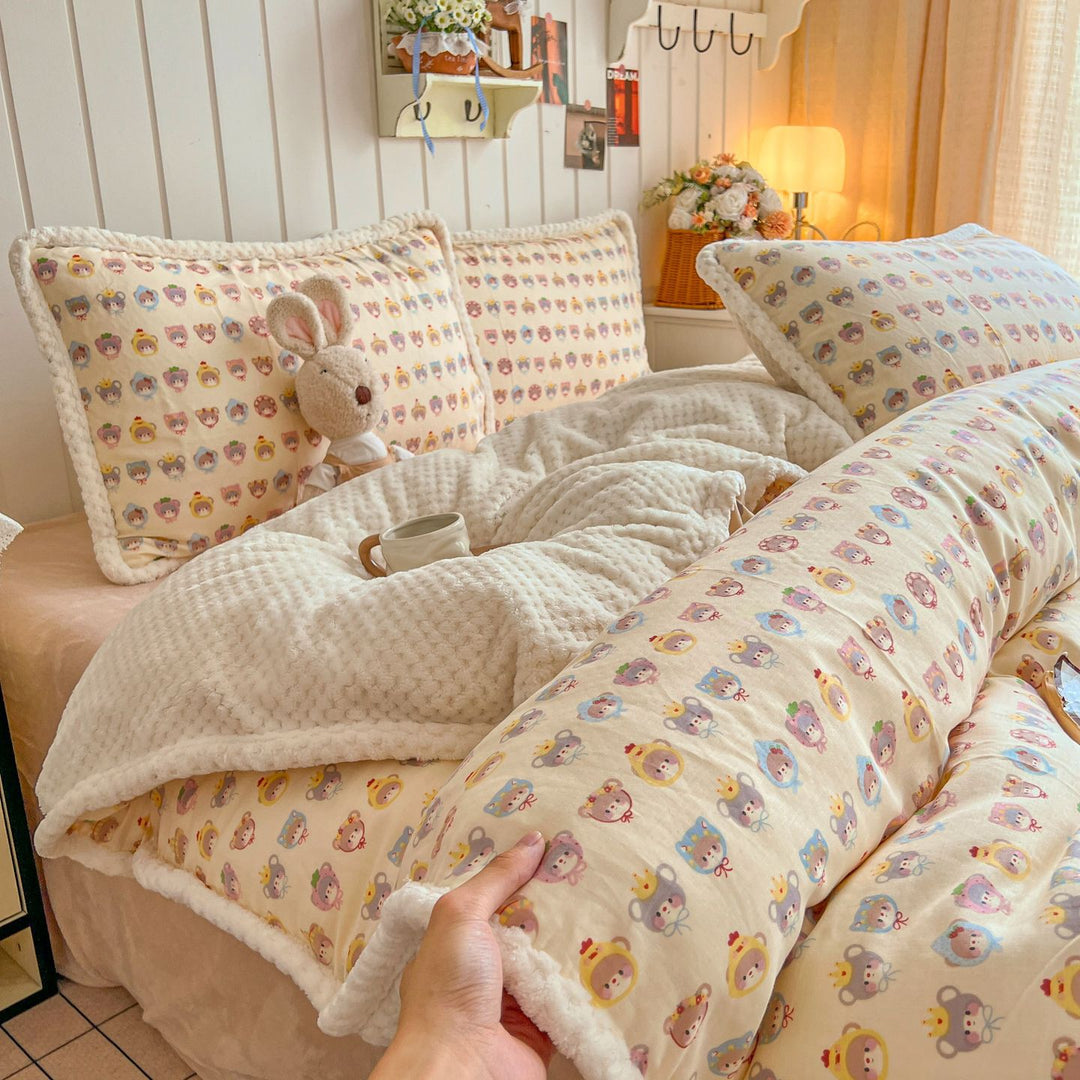 Plush Reversible Sherpa Duvet Cover Set with Quilted Waffle Comforter and Scalloped Pillow Shams