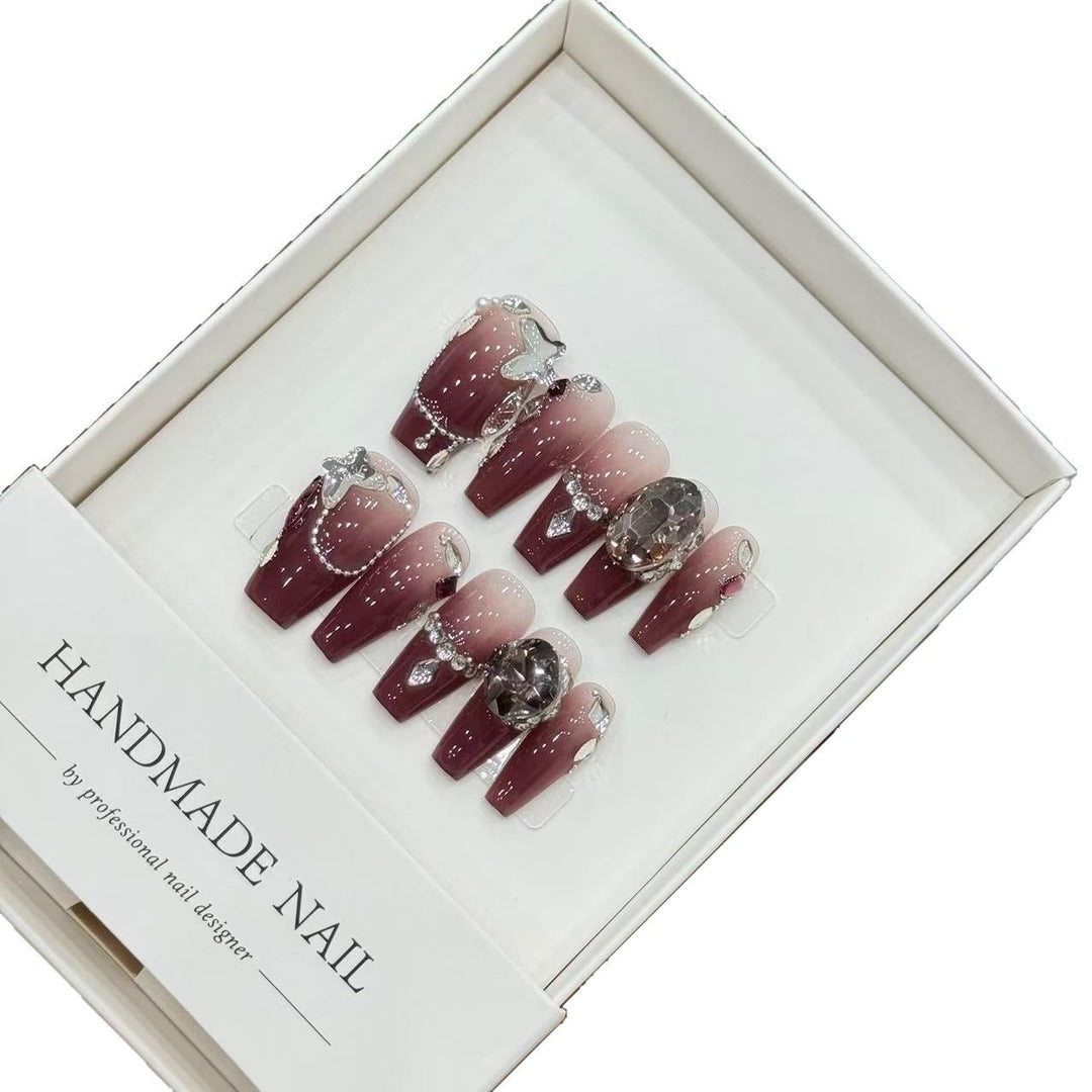 Handmade Acrylic Press-On Nail Set with Gem Accents