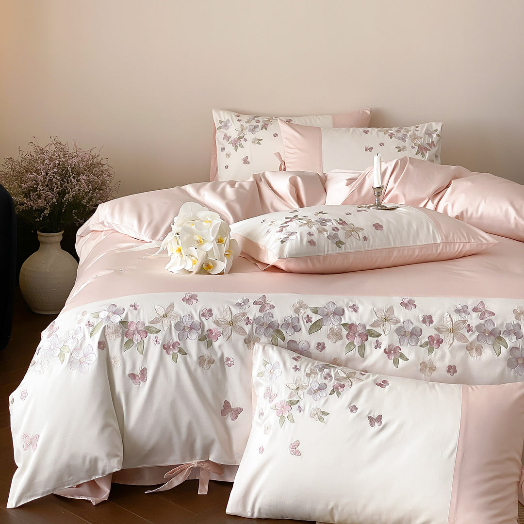 Floral Embroidered Cotton Sateen Duvet Cover Set with Ribbon-Tie Shams