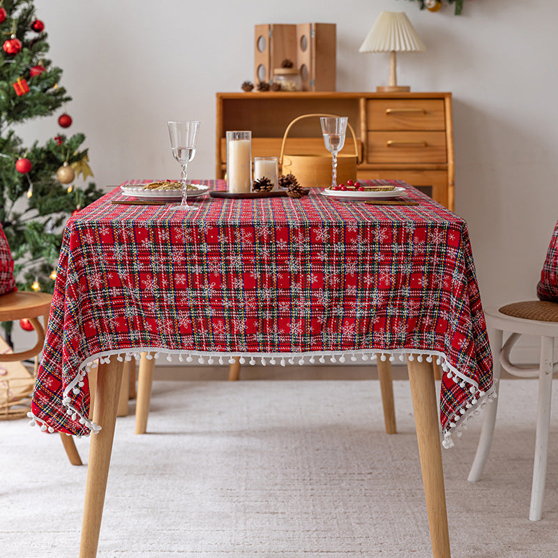 Festive Plaid Pom-Pom Trim Rectangular Tablecloth