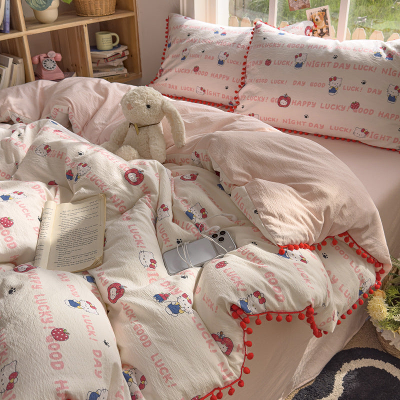 Lightweight Textured Cotton Cartoon Duvet Cover Set with Pom-Pom Trim