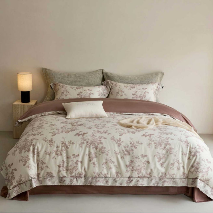 Reversible Cotton Sateen Floral Duvet Cover Set with Embroidered Hem & Pillow Shams
