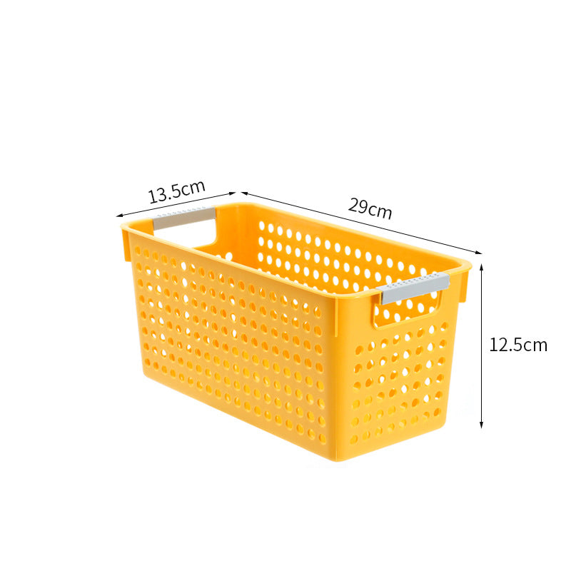 Flat plastic storage box with perforated side wall and grip recesses