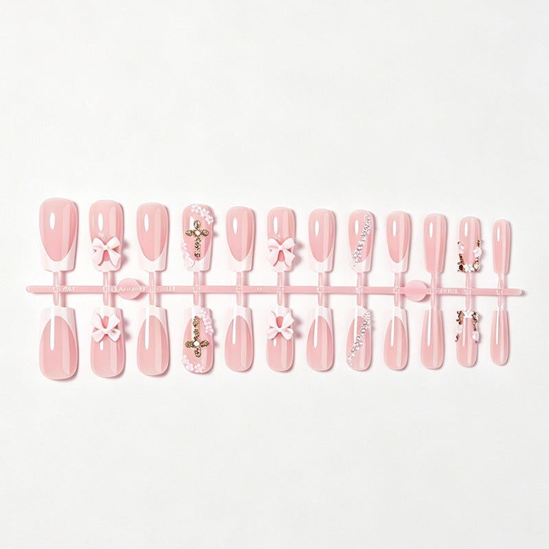 Decorative Press-On Nail Set with Bow and Floral Accents Stornfield