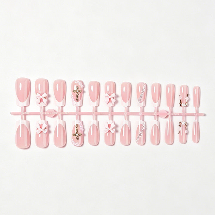 Decorative Press-On Nail Set with Bow and Floral Accents Stornfield