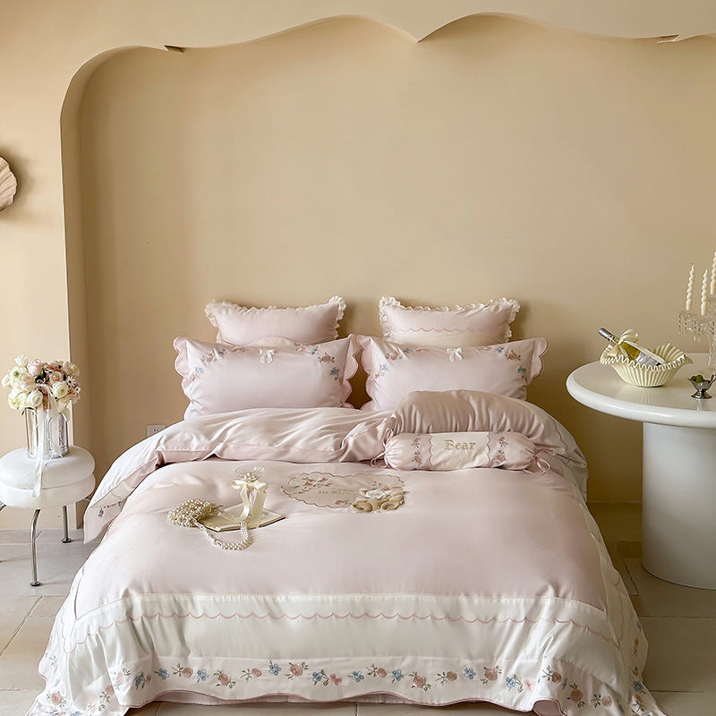 Embroidered Ruffled Satin-Feel Floral Duvet Cover Set with Decorative Bolster and Scalloped Hem