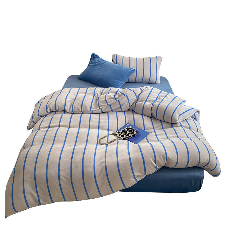Brushed Cotton Flannel Striped Duvet Cover & Pillowcase Set with Hidden Zip & Corner Ties