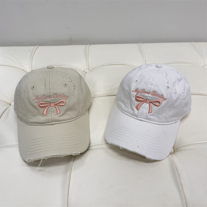 Women's Distressed Cotton Baseball Cap with Bow Embroidery Stornfield