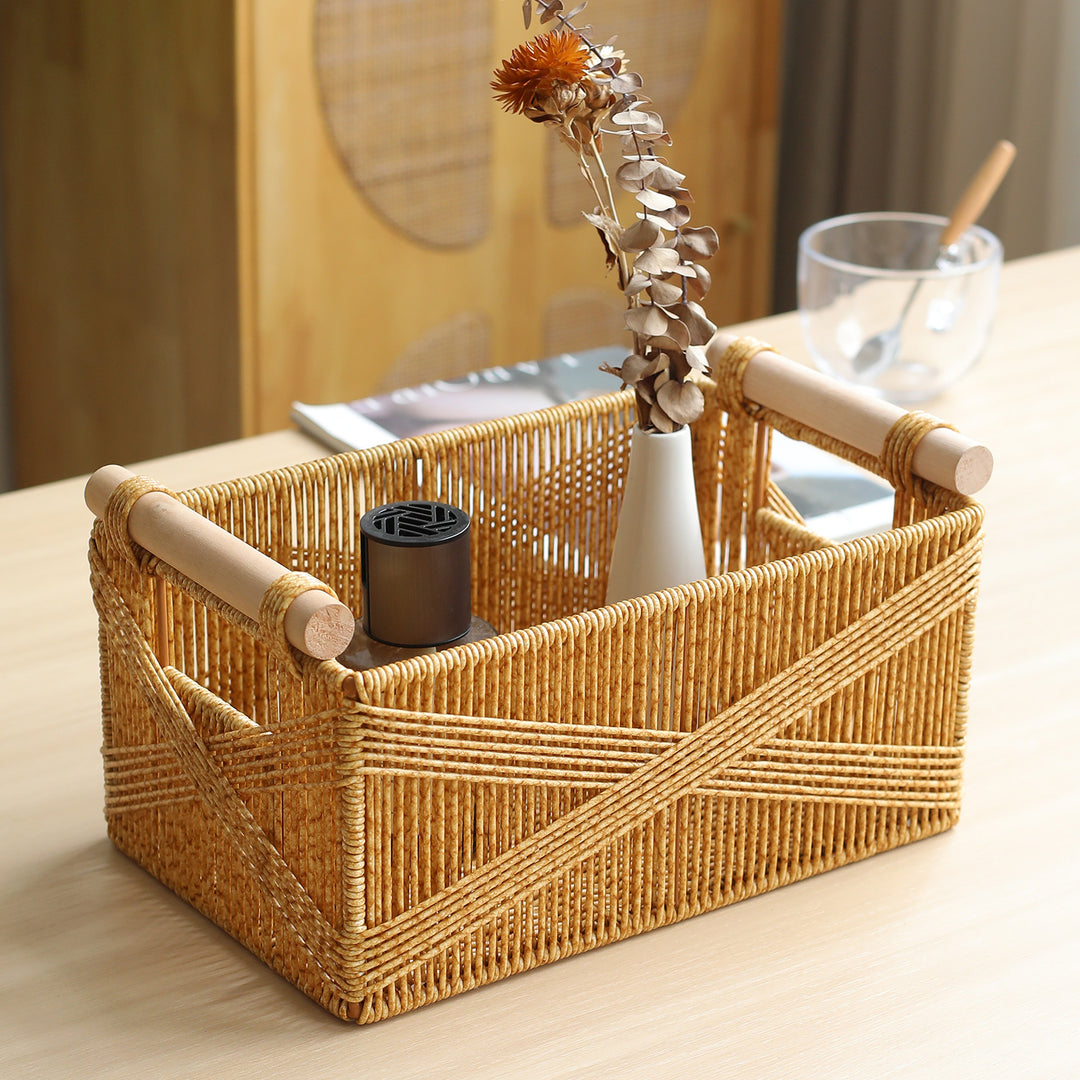 Unisex Functional Storage Basket with Ergonomic Wooden Handles Stornfield