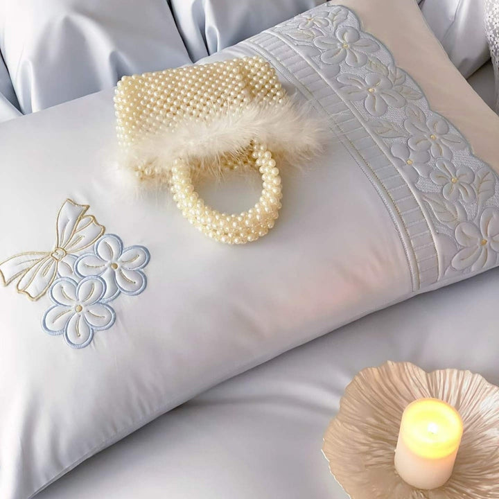 Embroidered Luxury Cotton Sateen Bedding Set with Floral Lace Trim
