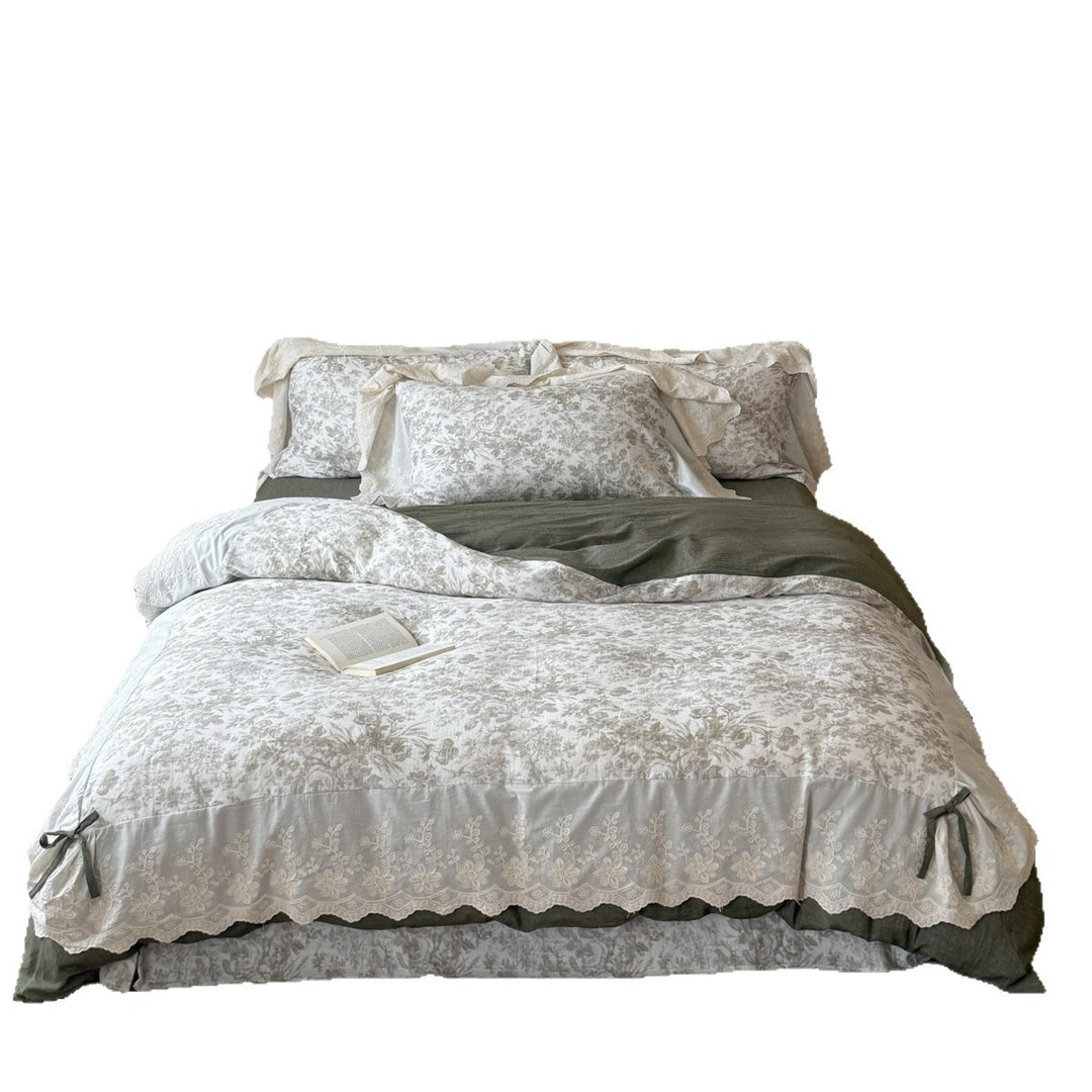 Floral Embroidered Cotton-Linen Duvet Cover Set with Lace Ruffle and Tie Closures