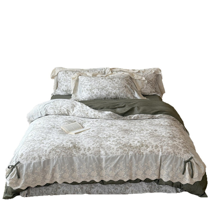 Floral Embroidered Cotton-Linen Duvet Cover Set with Lace Ruffle and Tie Closures