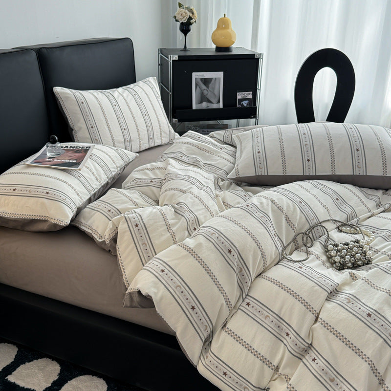 Striped cotton bedding set with washed finish, breathable percale & reversible function