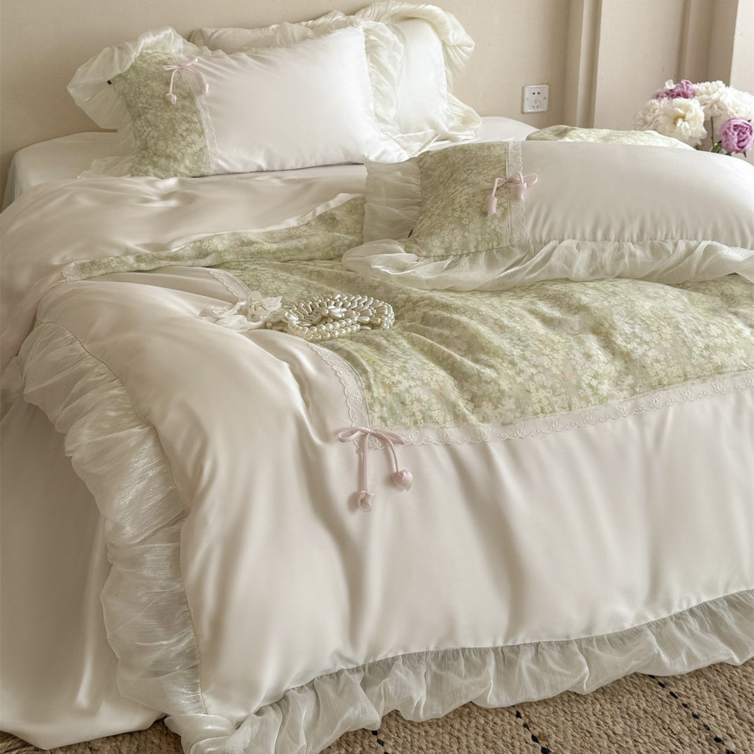 Romantic Ruffled Satin Duvet Cover Set with Floral Panel and Lace Trim