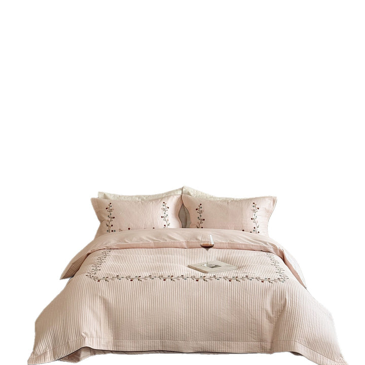 Quilted Floral Vine Embroidered Cotton Duvet Cover Set with Ribbed Stitching