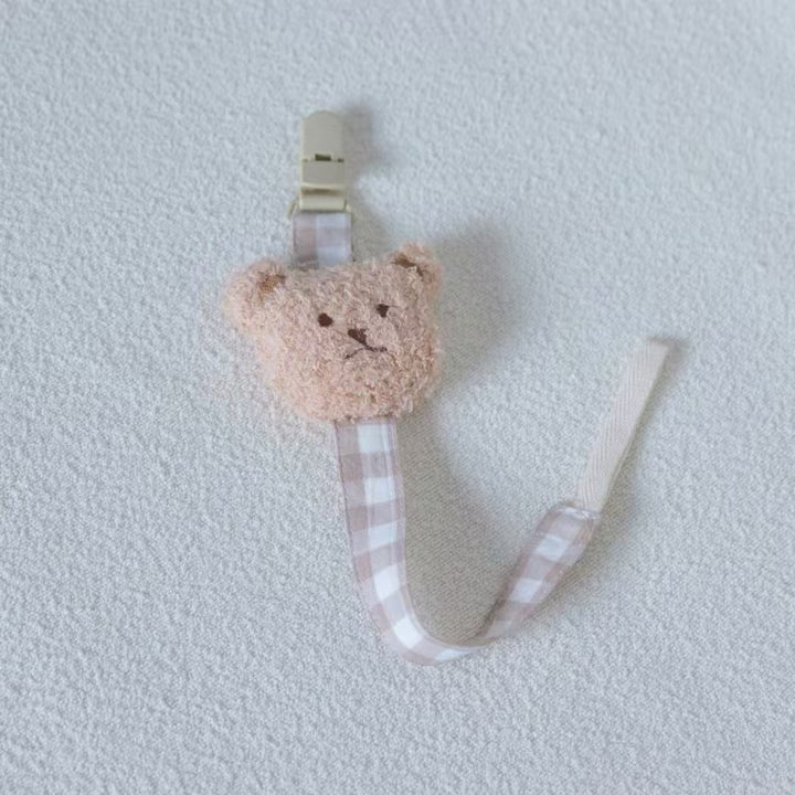 Gingham Cotton Pacifier and Teether Clip with Embroidered Bear Applique