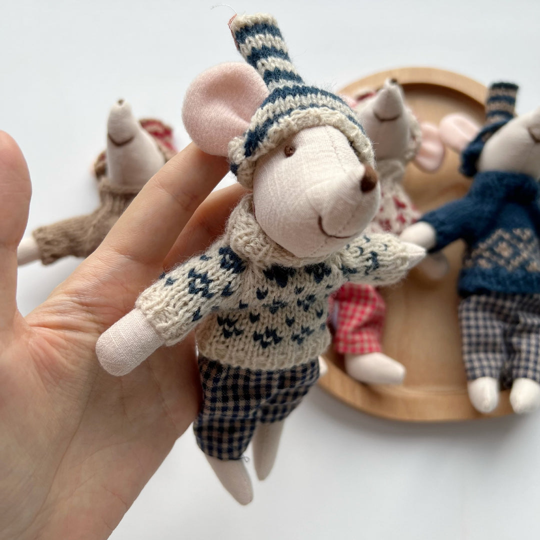 Artisan Linen Play Mouse Doll with Gingham Dress
