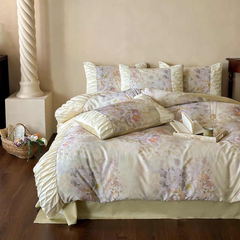 Pastel Watercolor Floral Satin-Trim Ruffled Duvet Cover Set