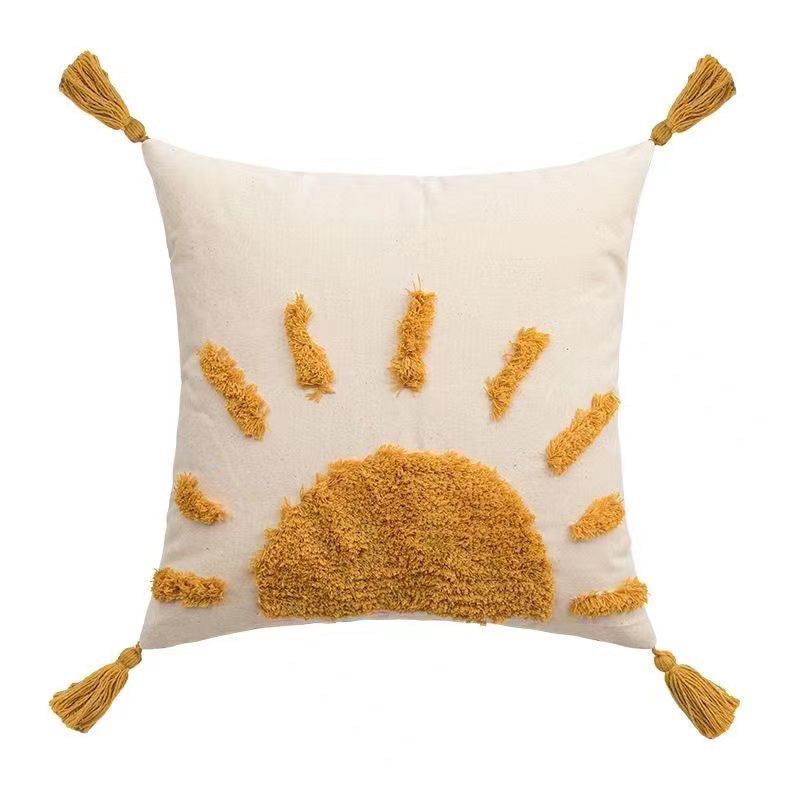 Decorative square cushion cover with hand-tufted sun relief, tassels, and cotton-linen blend Stornfield