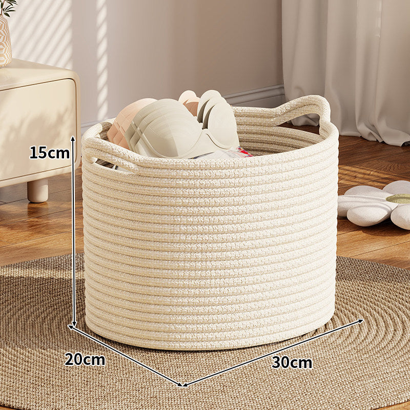Braided Cotton Rope Round Storage Basket with Reinforced Leather Patch Handles