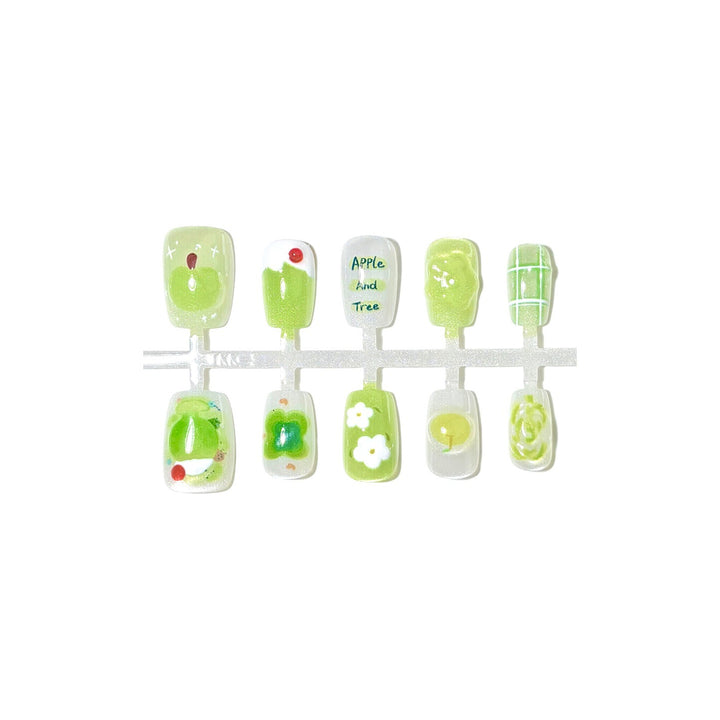 Artistic Press-On Nail Art Set with Apple and Floral Design