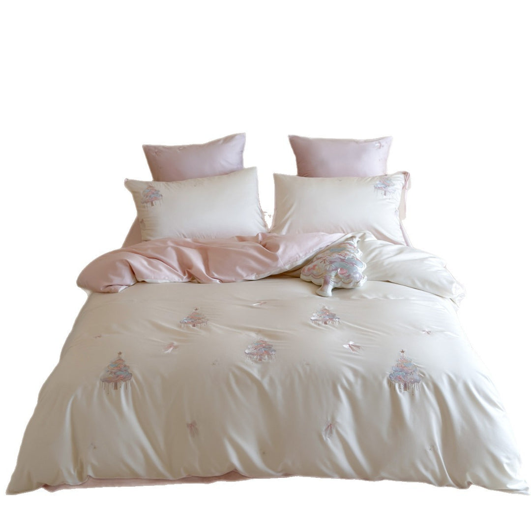 Pastel Cloud Embroidered Cotton Sateen Duvet Cover Set with Ribbon-Tie Shams