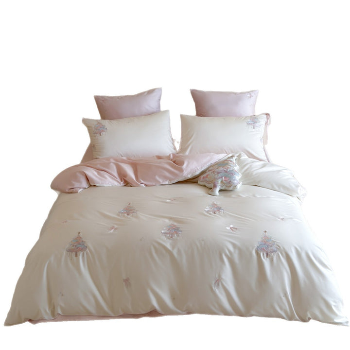 Pastel Cloud Embroidered Cotton Sateen Duvet Cover Set with Ribbon-Tie Shams
