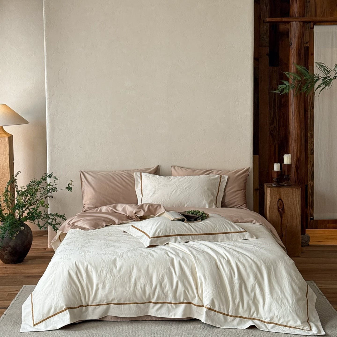 Premium bedding set made of breathable cotton blend with contrasting piping