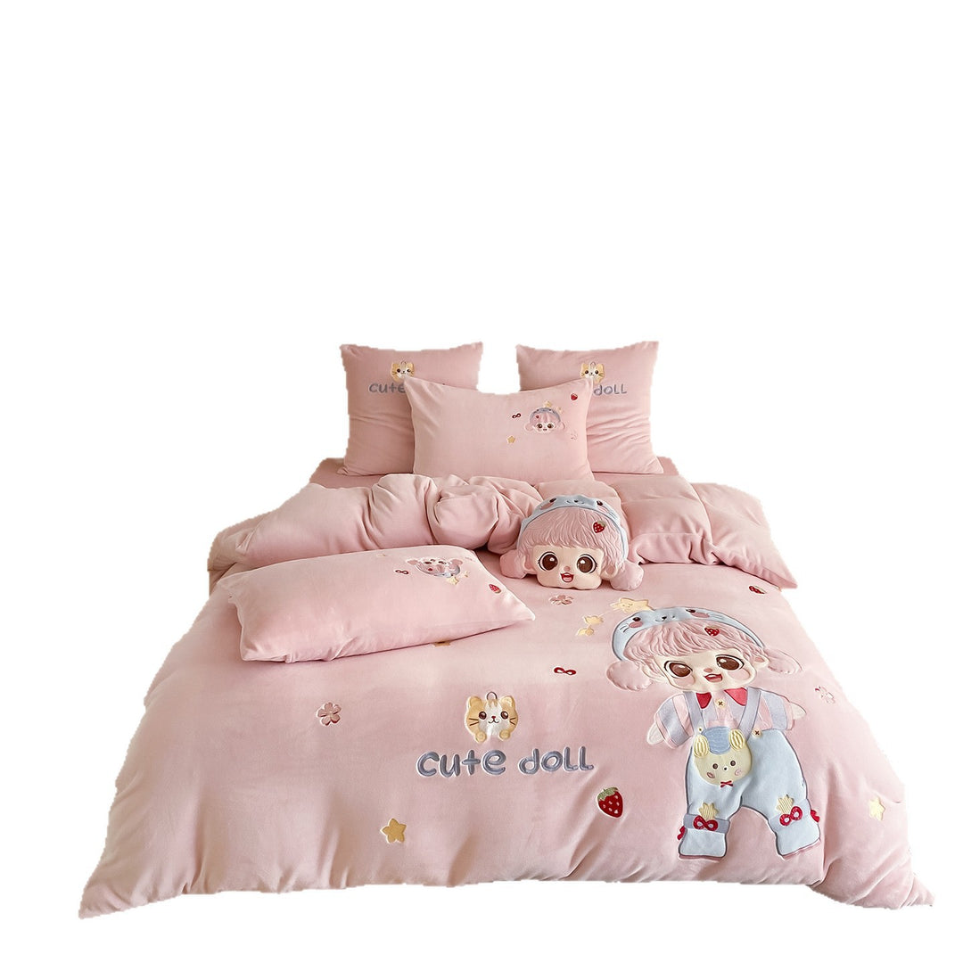 Children's bedding set with 3D plush cat appliqué and reversible function