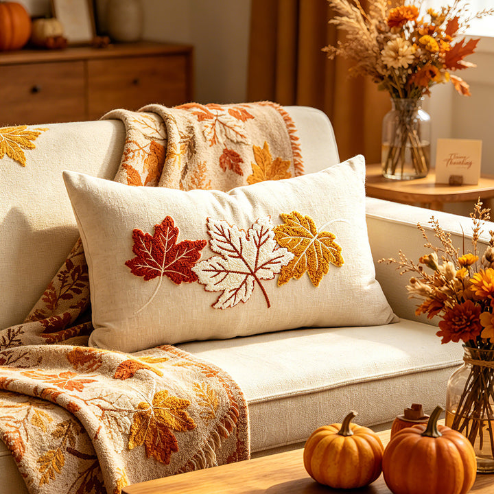 Embroidered Autumn Maple Lumbar Pillow Cover with Textured Chenille Leaf Appliqué