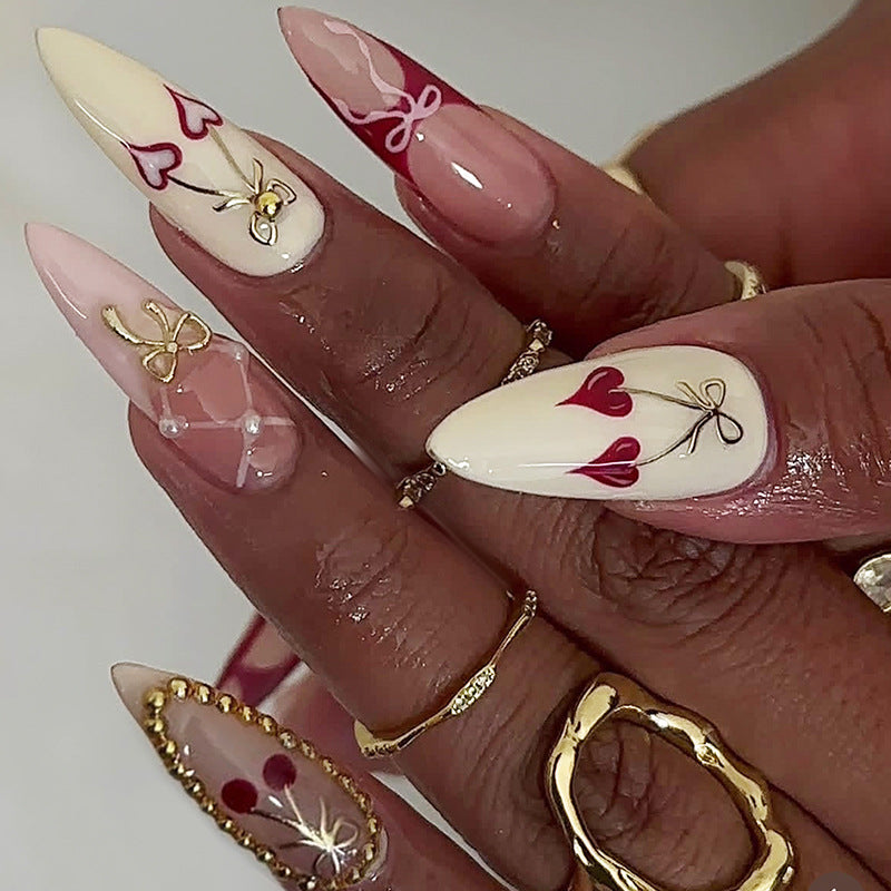 Elegant Decorative Press-On Nail Set with Bow and Heart Designs Stornfield