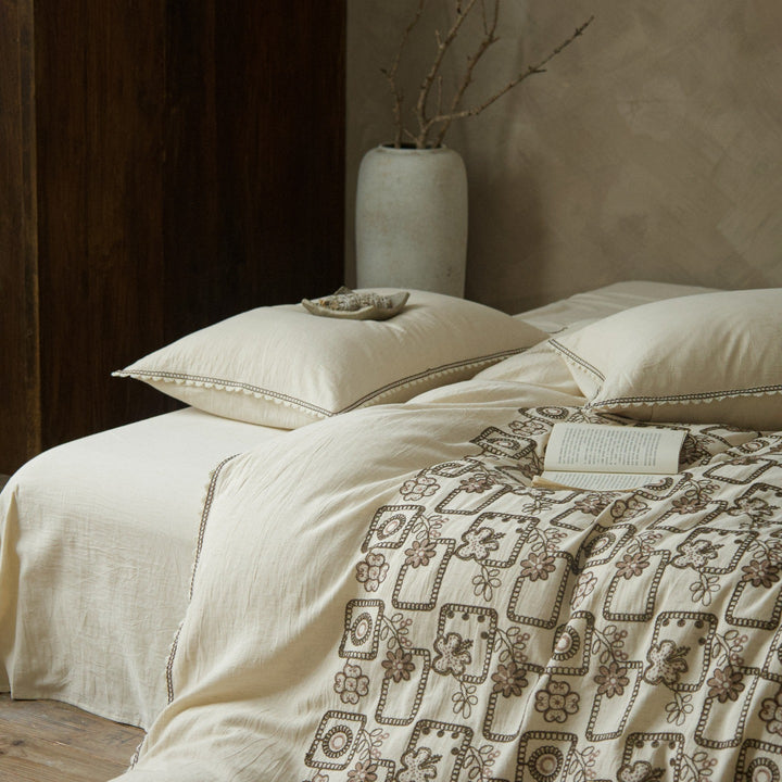 Organic Linen Embroidered Duvet Cover Set with Pom Trim