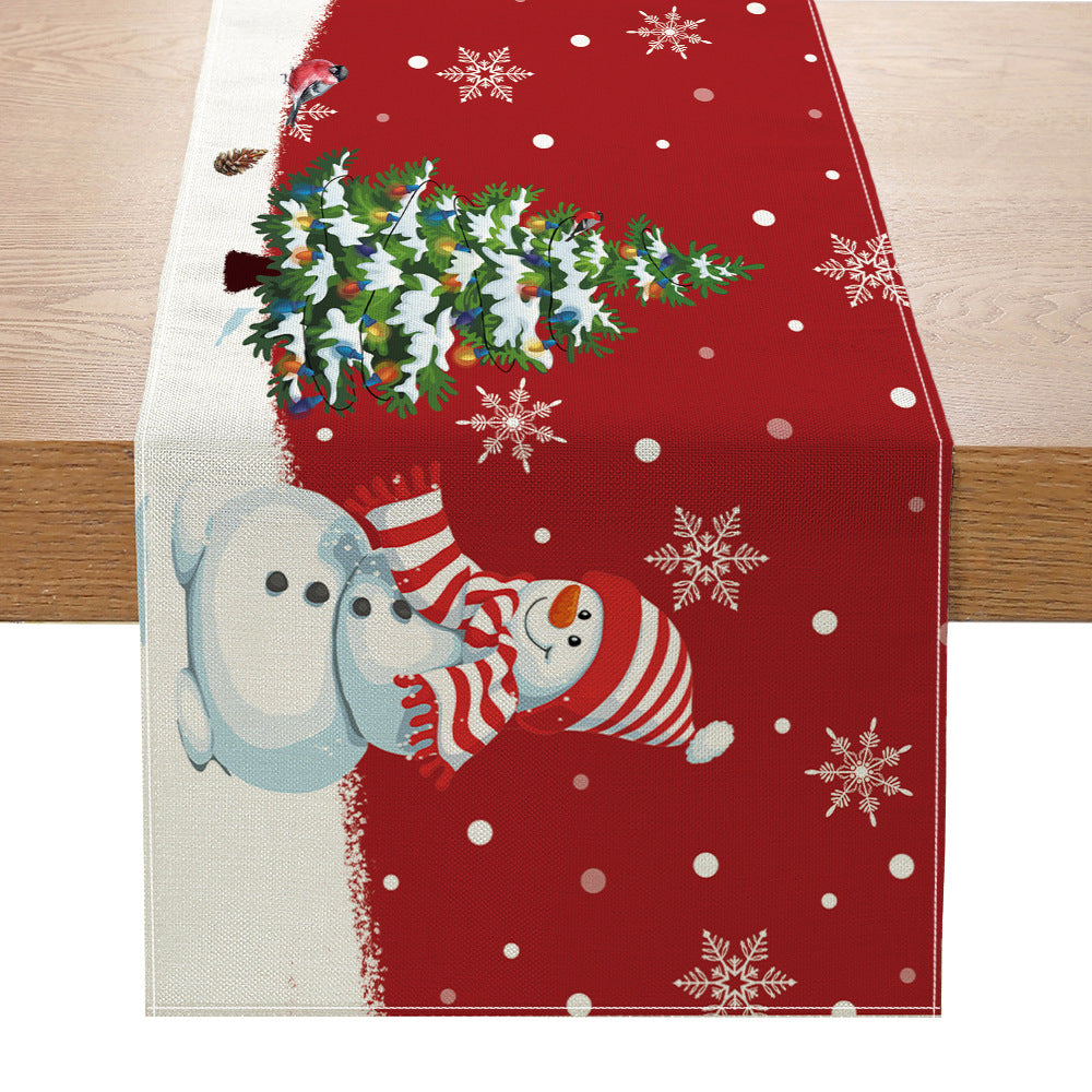 Festive Buffalo Check Cotton-Linen Table Runner with Merry Christmas Pine Design