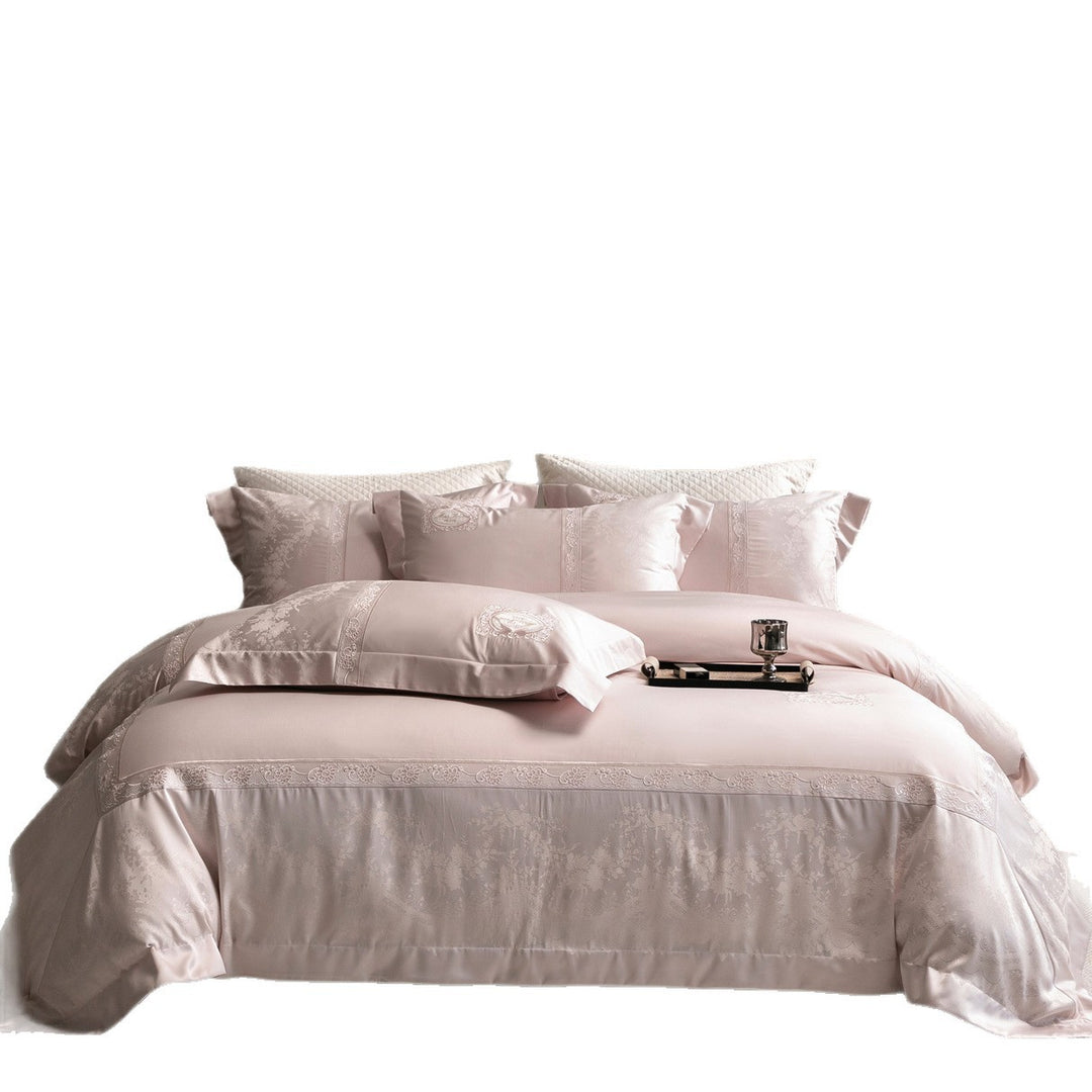 Luxurious Embroidered Satin-Jacquard Duvet Cover Bedding Set with Medallion and Lace Border