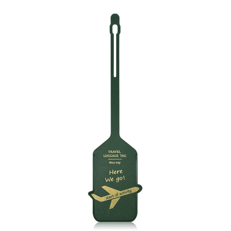premium leather travel luggage ID tag with embossed airplane motif and adjustable strap Stornfield