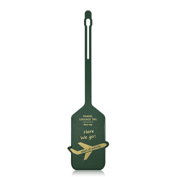 premium leather travel luggage ID tag with embossed airplane motif and adjustable strap Stornfield