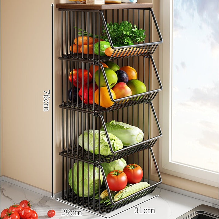 Two-Tier Countertop Vegetable and Pantry Storage Rack with Walnut Wood Top and Sliding Wire Basket