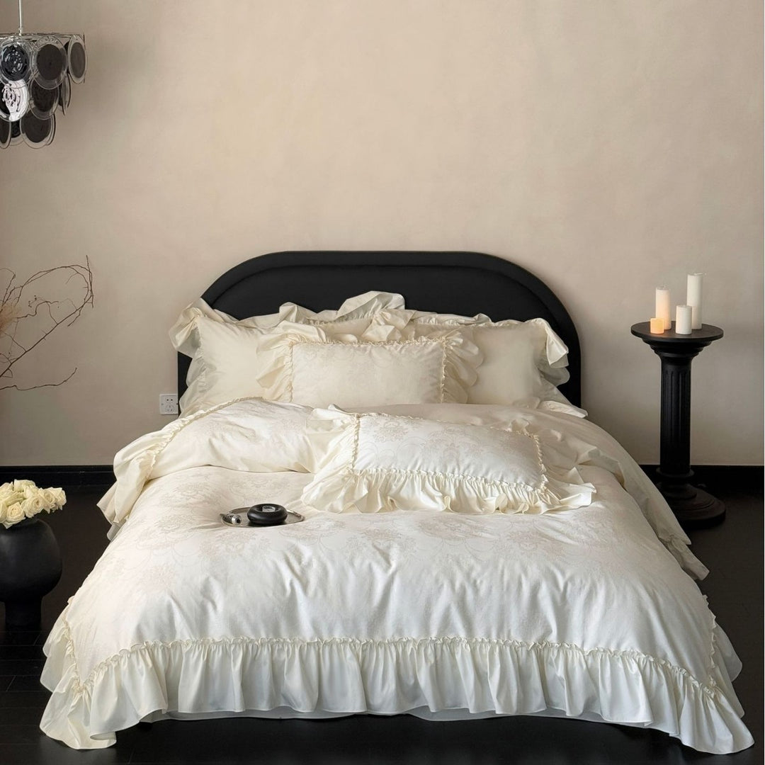 Ruffled Luxury Cotton Sateen Duvet Cover Set with Frilled Decorative Shams