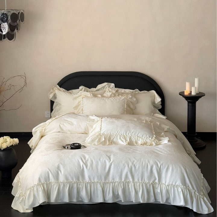 Ruffled Luxury Cotton Sateen Duvet Cover Set with Frilled Decorative Shams