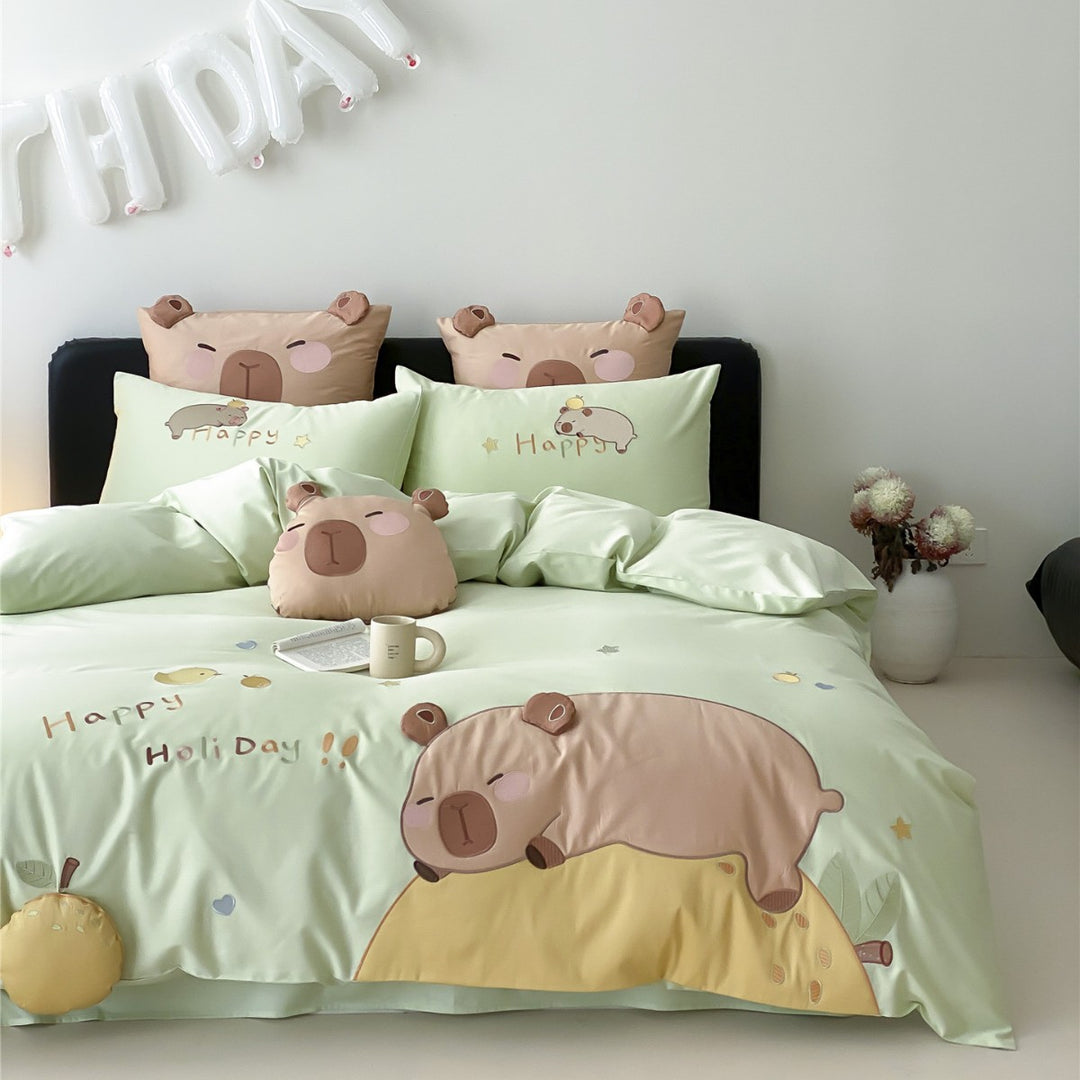 Soft-Touch Cotton Duvet Cover Set with 3D Bear Appliqué, Reversible Sateen Back & Pillow Shams