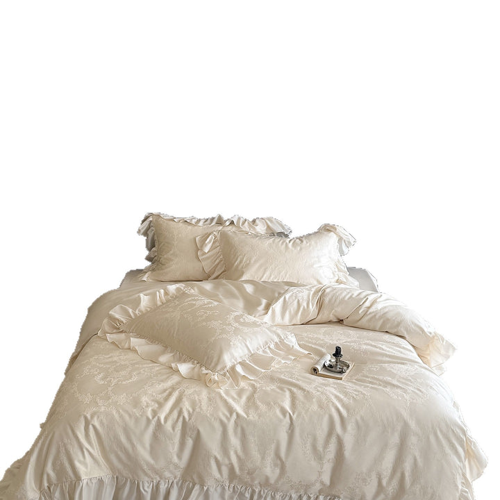 Embossed Damask Duvet Cover Set with Ruffle-Edge Shams and Reversible Sateen Lining