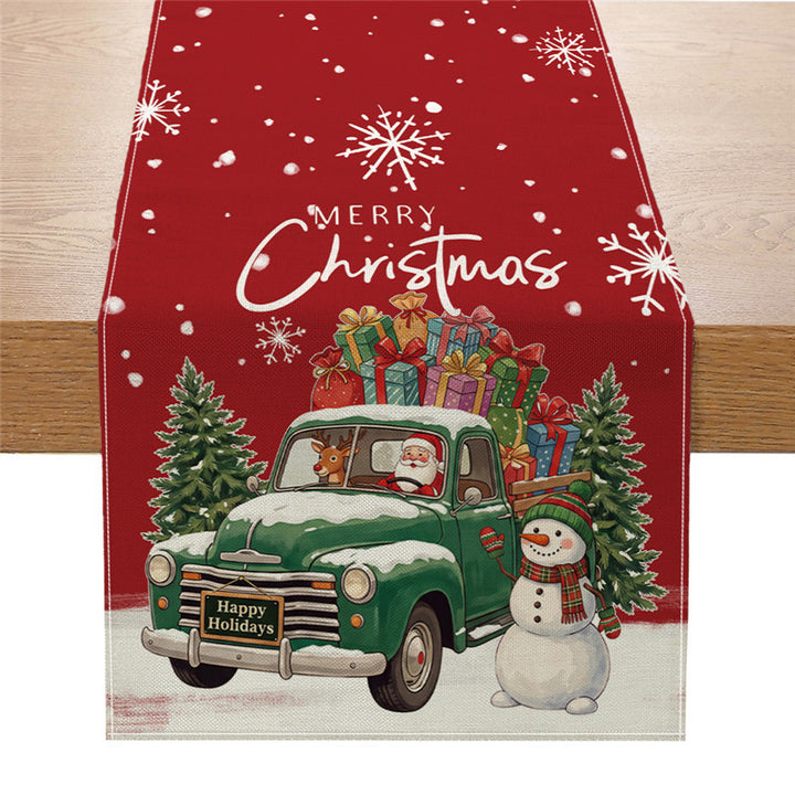 Festive Cotton-Linen Christmas Table Runner with Santa Truck and Snowman Illustration