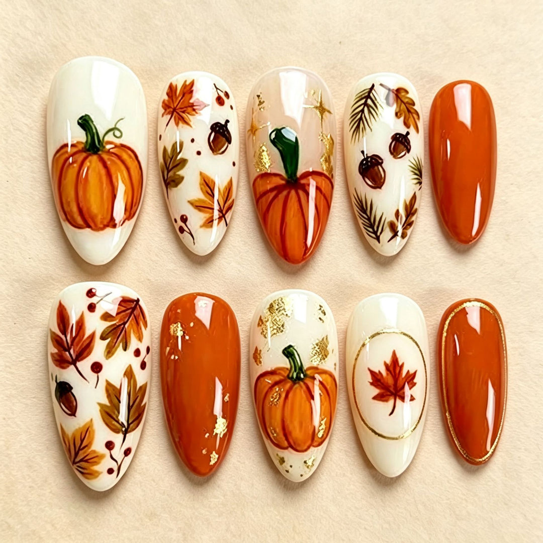 Artistic Autumn-Themed Press-On Nail Art Set Stornfield