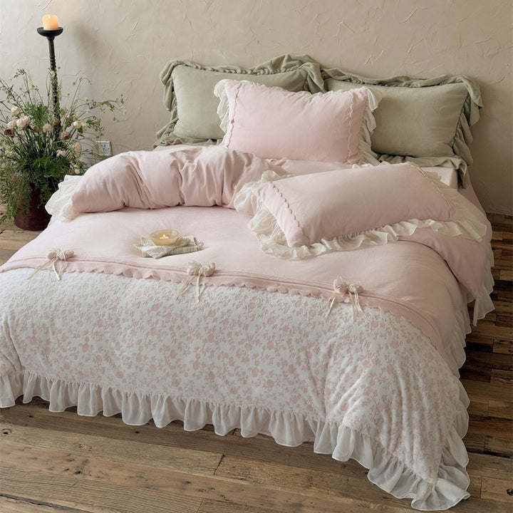 Ruffled Floral Cotton Duvet Cover Set with Sheer Ruffle Bedskirt & Decorative Tie-Bows