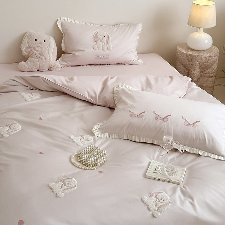 Embroidered Bunny Appliqué Cotton Sateen Duvet Cover Set with Ruffled Pillow Shams