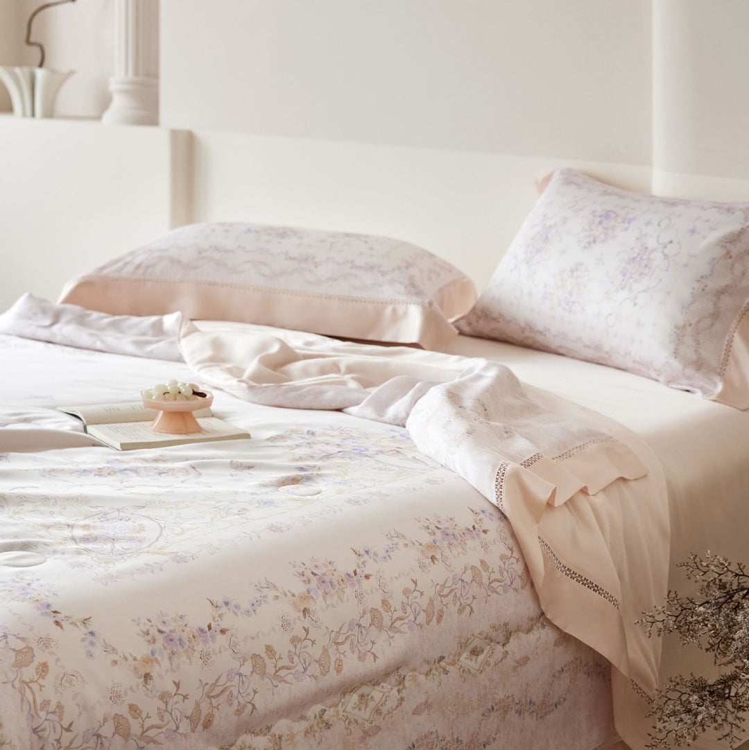 Elegant satin bedding set with floral watercolor print and ruffled bed skirt