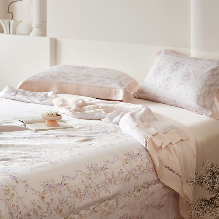 Elegant satin bedding set with floral watercolor print and ruffled bed skirt
