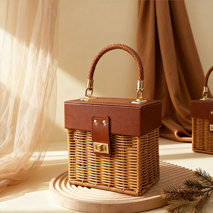 Women Stylish Basket with Elegant Leather Lid and Woven Design Stornfield
