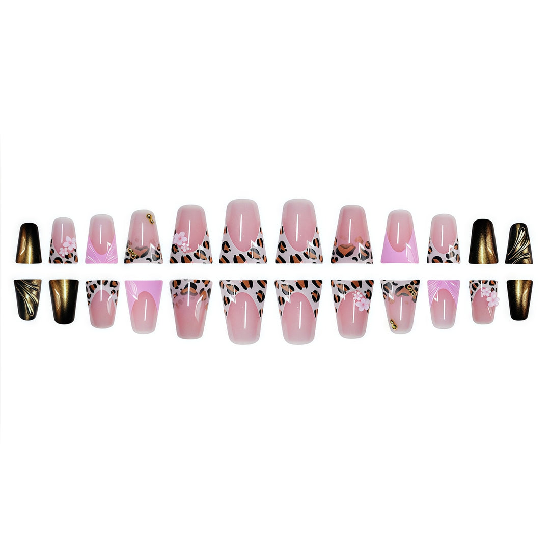 Decorative Press-On Nail Art with Floral and Leopard Accents Stornfield