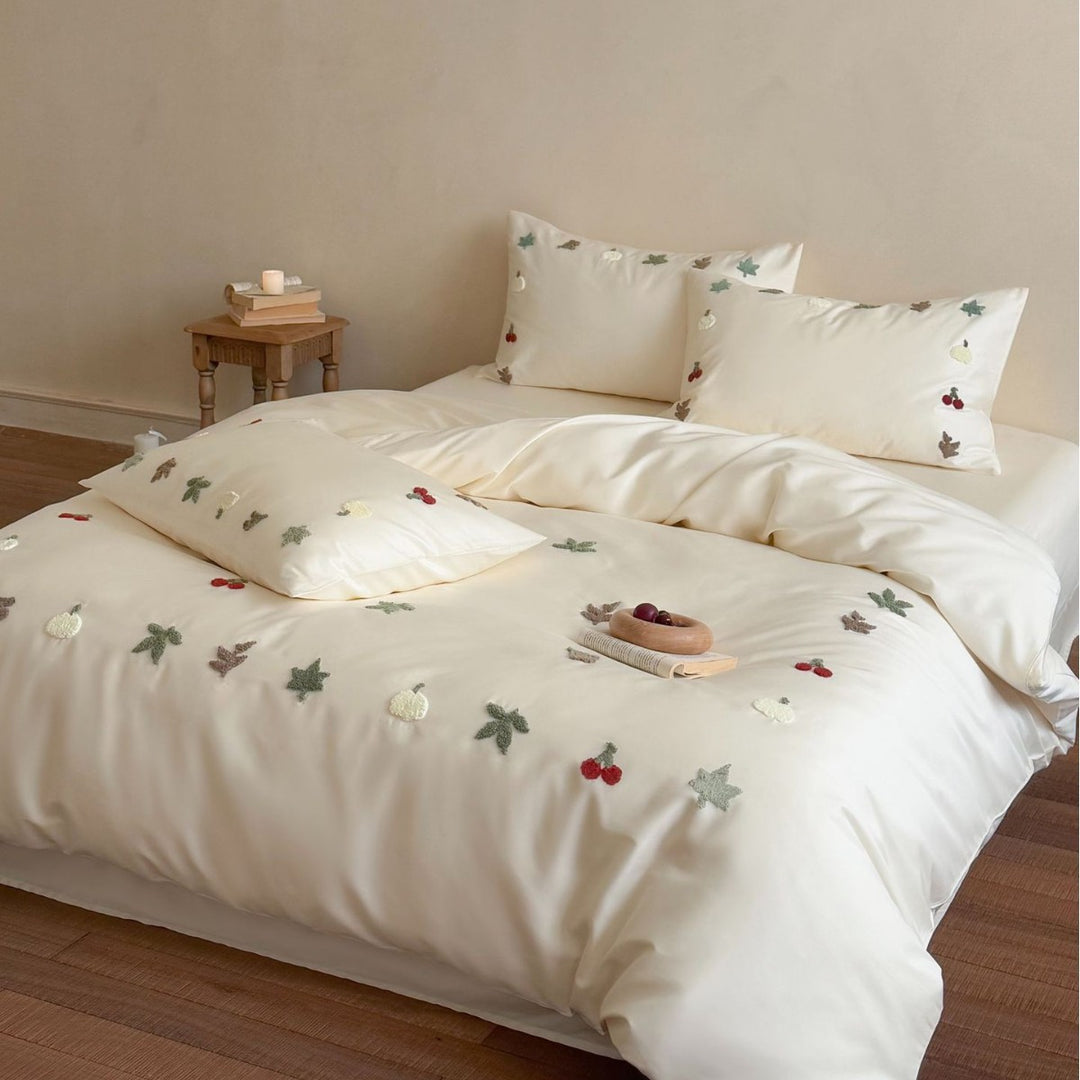 Embroidered Cotton-Sateen Duvet Cover Set with 3D Fruit & Leaf Appliqué